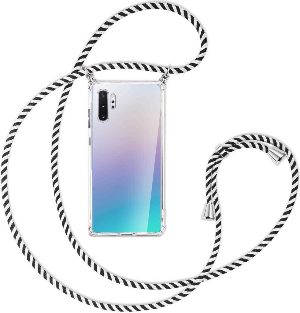Handykette Backcover-Schutzhülle mit Band (Metall silberfarben) für Samsung Galaxy Note 10 Plus - schwarz/weiß gestreift