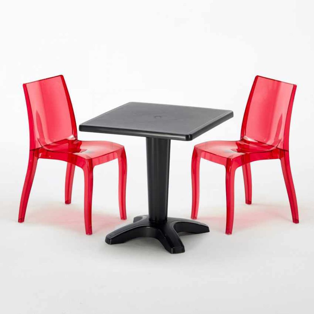 Schwarz Quadratisch Tisch und 2 Stühle Farbiges Polypropylen-Innenmastenset Grand Soleil Cristal Light Balcony - Transparent Rot