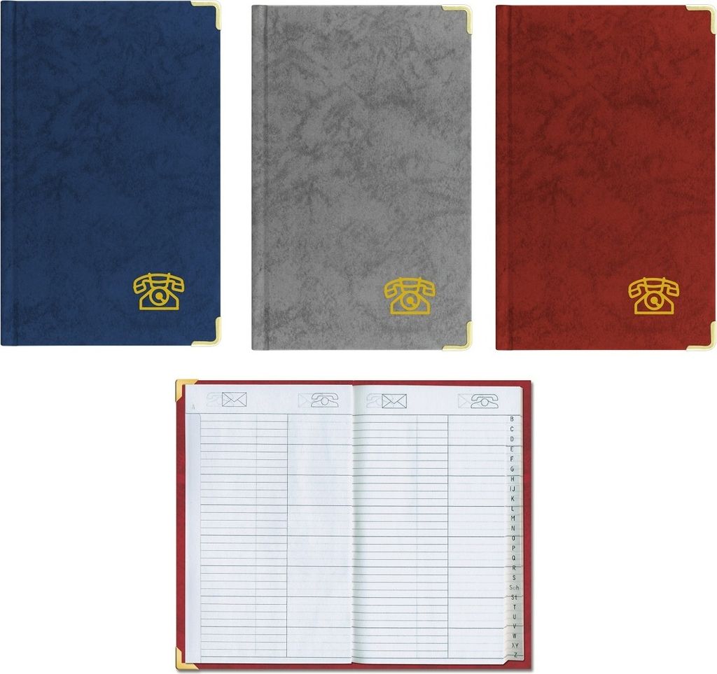 Three different colored address books are displayed side-by-side, with an open address book shown below them.