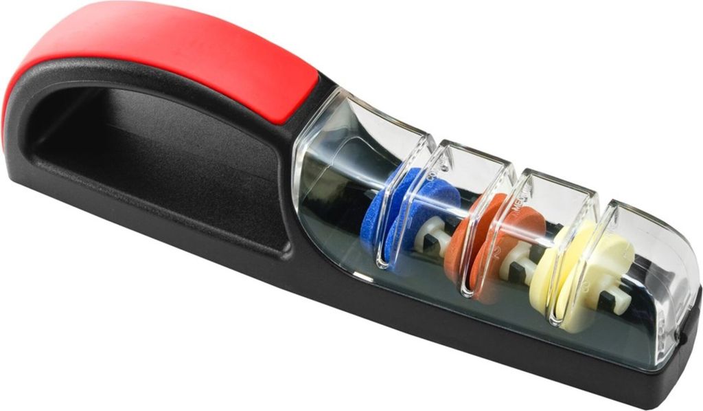 A knife sharpener with multiple sharpening slots.