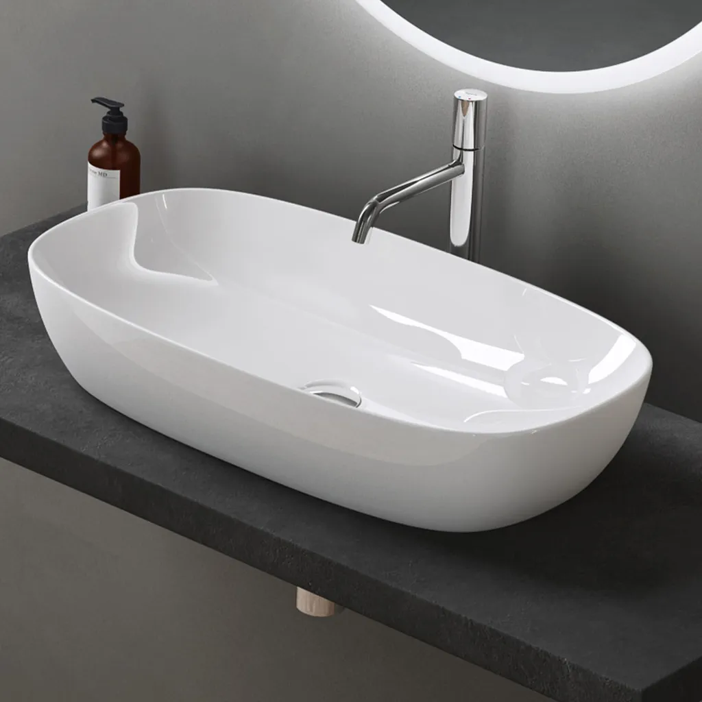 doporro Lavabo da Appoggio in Vetroceramica Bianco Lucido 50 cm, Lavandino Bagno Brüssel104
