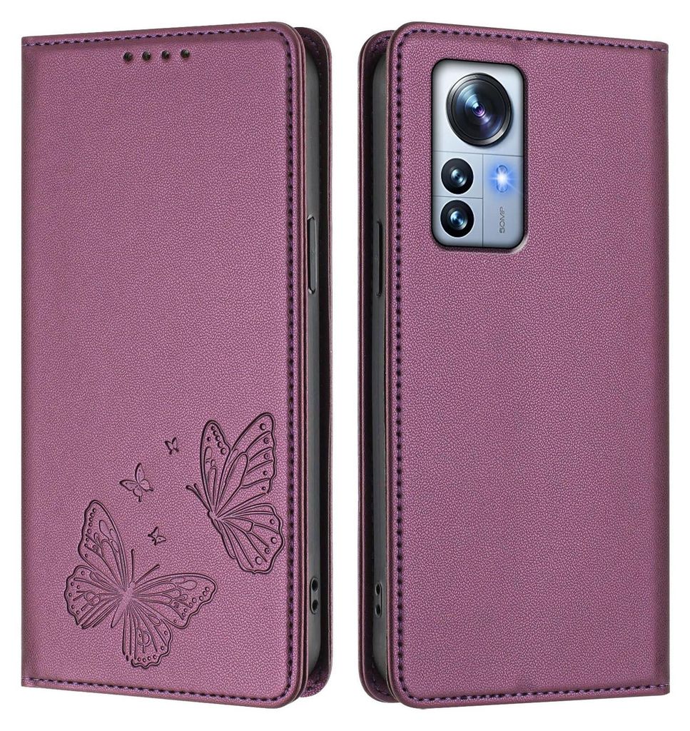 Lederhülle für Xiaomi 12 Pro / 12S Pro, Schmetterling Prägung Leder Brieftasche Schutzhülle mit Ständer Lila