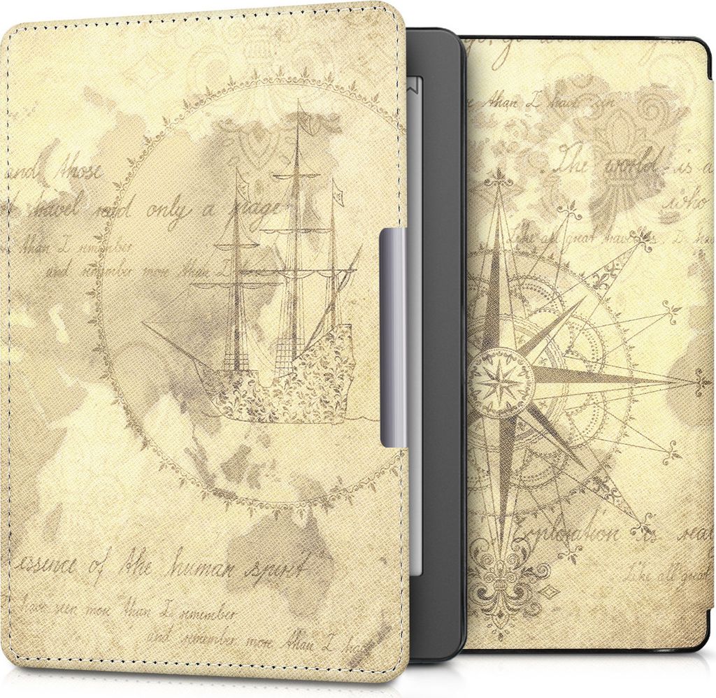 kwmobile Schutzhülle für Kobo Aura Edition 2 Hülle - eReader Flip Case mit Auto Sleep Funktion - Travel Vintage mit Braun Hellbraun