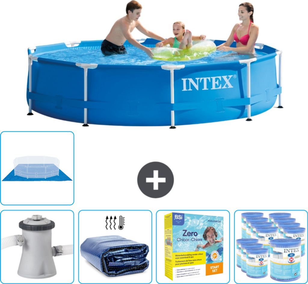 Intex Rundrahmen-Schwimmbecken – 305 x 76 cm – Blau – inklusive Pumpe Sonnensegel - Wartungspaket - Filter - Bodenplane