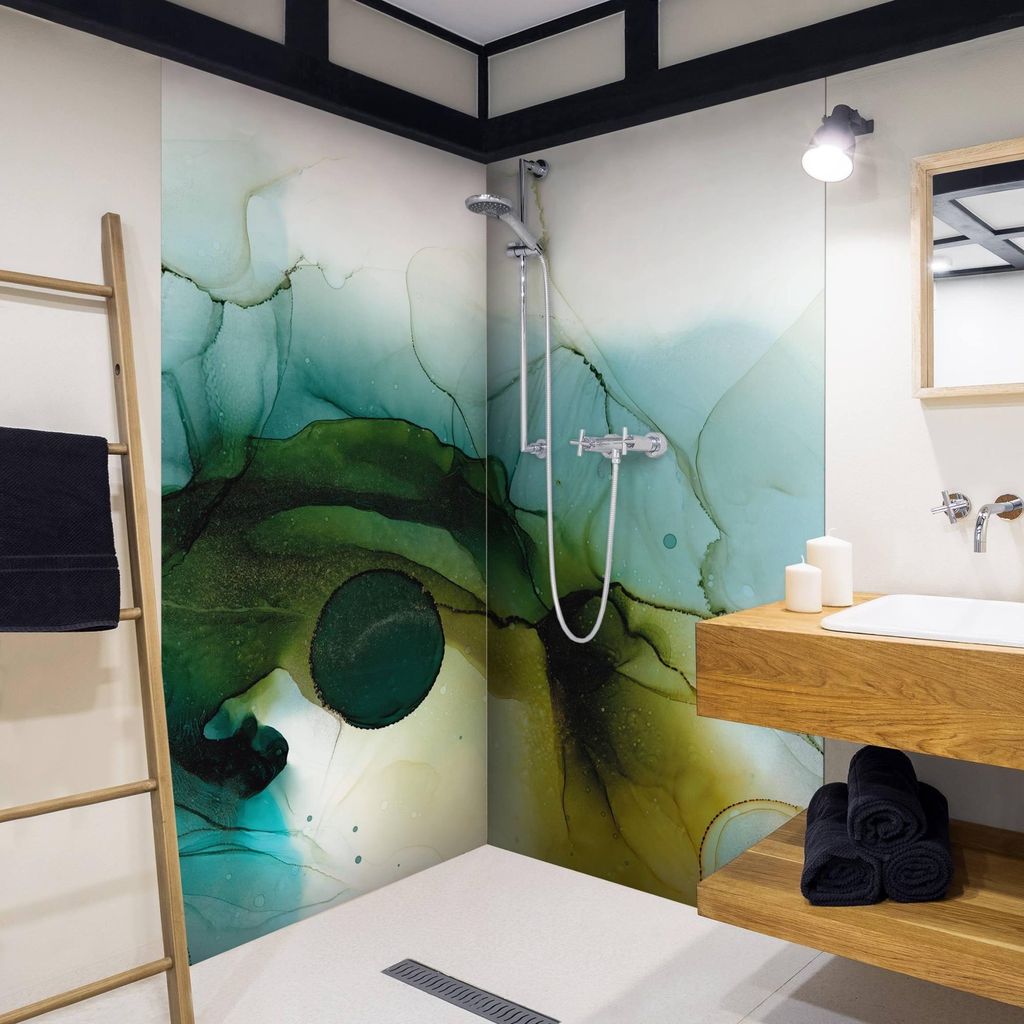 Duschrückwand Muster selbstklebend - 0.61 mm Wandpaneel wasserfest Design petrol Aquarell Abstrakt Badrückwand fugenlos Premium matt 80x200 cm