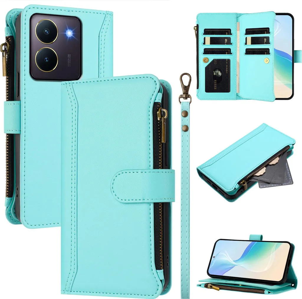 Custodia per Vivo Y36 4G, con cerniera, portafoglio Custodia flip in Finto cuoio con tasche per carte, supporto e passante verde menta