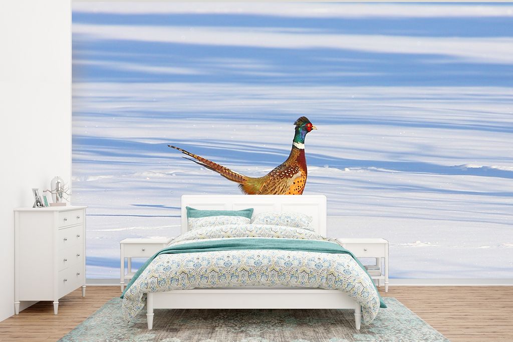 MuchoWow Fototapete für Wohnzimmer oder Schlafzimmer Wandtapete Vinyl Motivtapete Fasan - Schnee - Winter - 295x220 cm - Wand Tapete