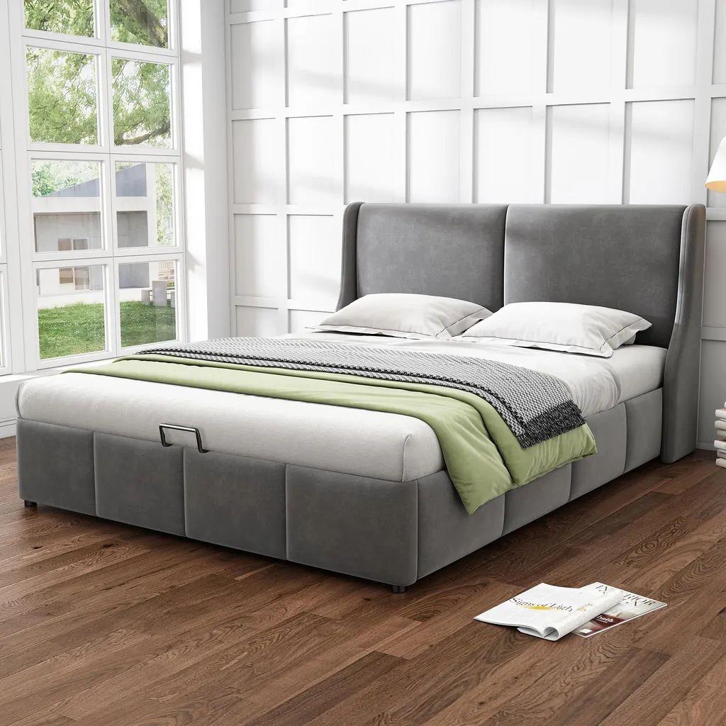 Lit Double 140x200 avec Coffre Intégré et Tête de Lit en Velours Gris - 2