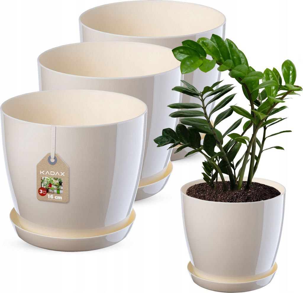 KADAX Blumentopf aus Kunstsoff "Agen", Topf mit Untersetzer. Pflanzkübel, 16 cm, Creme, 3 Stück