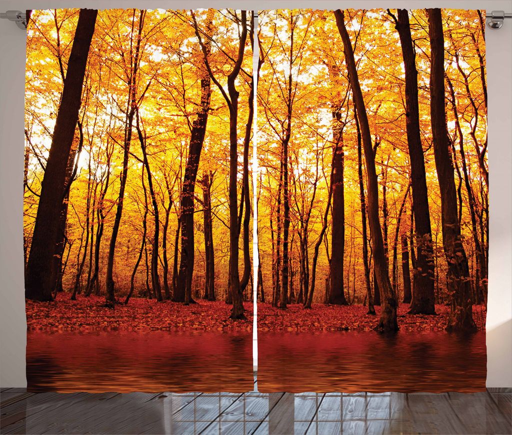 ABAKUHAUS Natur Rustikaler Vorhang, Herbst-Waldbäume, Wohnzimmer Universalband Gardinen mit Schlaufen und Haken, 280 x 245 cm, Orange Braun