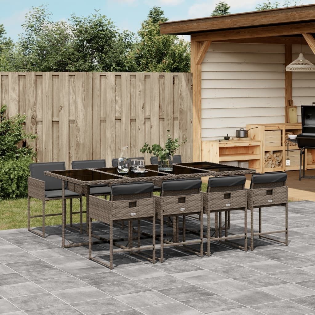 Maison Exclusive - 9-tlg. Garten-Essgruppe mit Kissen Grau Poly Rattan