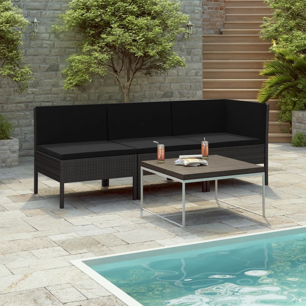"2024"cloris 3-tlg. Garten-Lounge-Set mit Auflagen Poly Rattan Schwarz - Gartenmöbelgarnituren CHY34431876