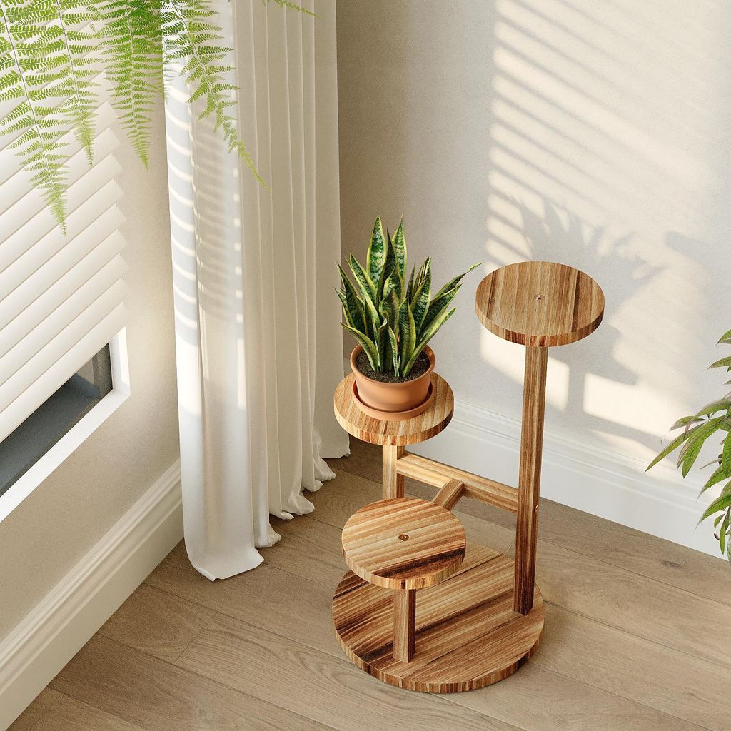 Bamworld Holzblumenständer 3-stöckig, platzsparender Pflanzenregal für Wohnzimmer & Garten, Blumentreppe, Urfarbe