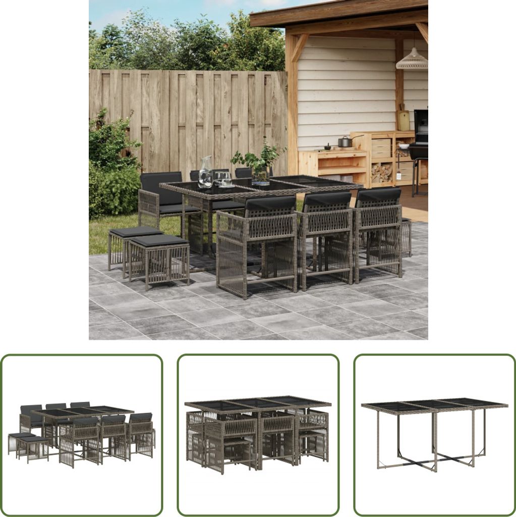The Living Store 11-tlg. Garten-Essgruppe mit Kissen Grau Poly Rattan