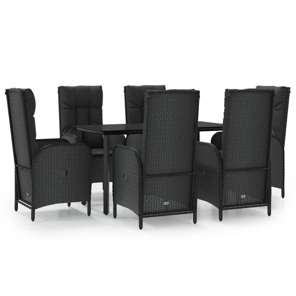 7-tlg. Garten-Essgruppe mit Kissen Schwarz Poly Rattan