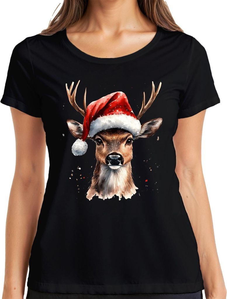 Weihnachtsrentier Aquarell Nikolaushut Geschenk Vintage lustig Damen T-Shirt, Schwarz, XL