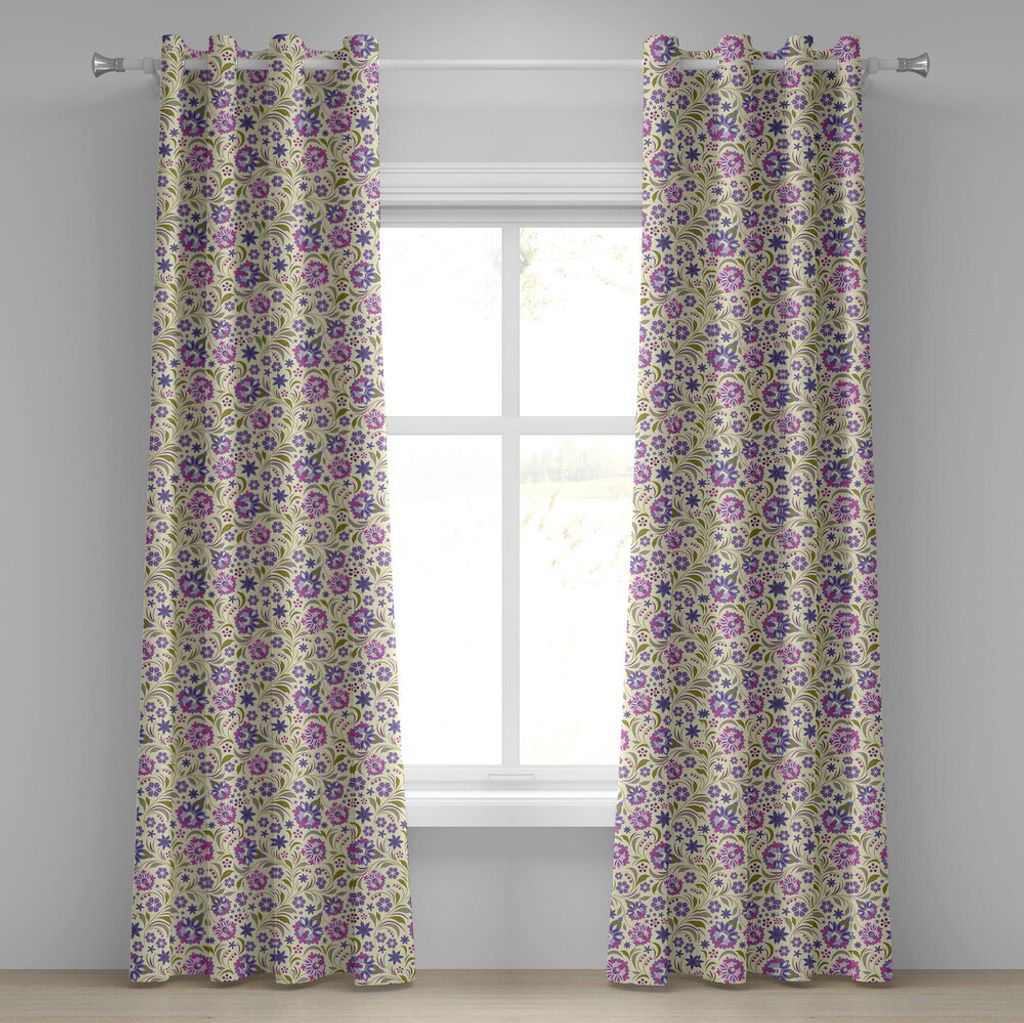 ABAKUHAUS Garten Kunst Ösenvorhang, Blasses tonte Hintergrund mit Frühlings-Blumen mit wirbelten Blättern, Dekorative 2-Panel-Fenstervorhänge, ...