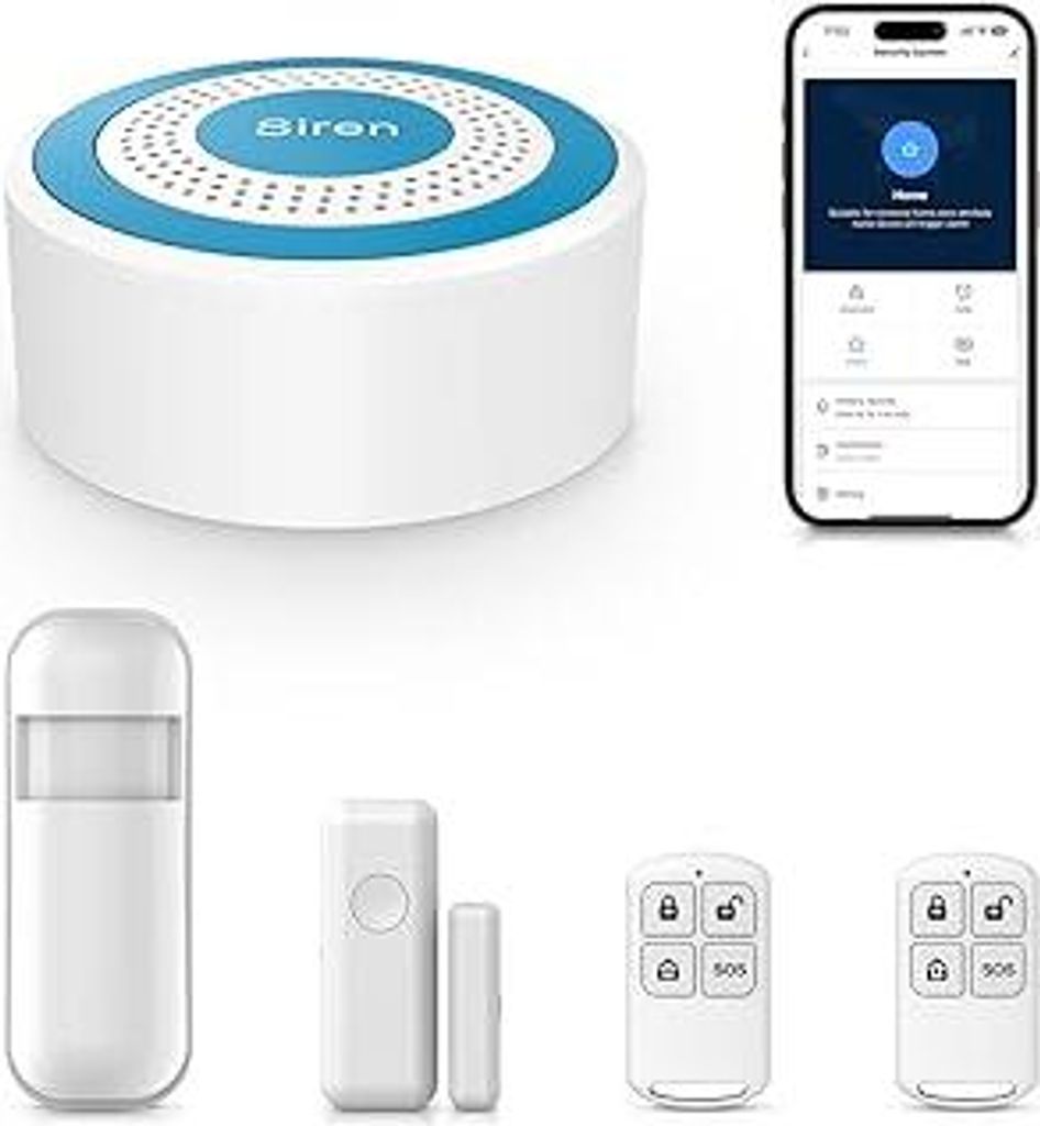 2.4GHz WLAN Sicherheitssystem für Haus, 5 Stück Alarmanlage für Haus, Wohnung mit APP, 100 dB Sirene, Bewegungsmelder, Tür-Fenstersensoren, Fer...