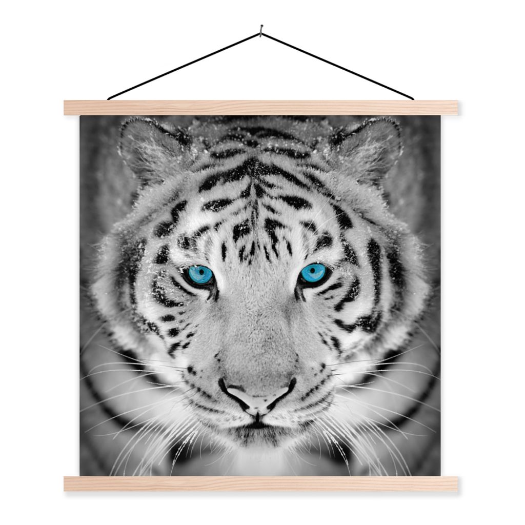 MuchoWow Textilposter Tiere - Tiger - Augen - Blau - Schwarz und weiß 60x60 cm mit holzfarbenen Rahmen - Wanddekoration