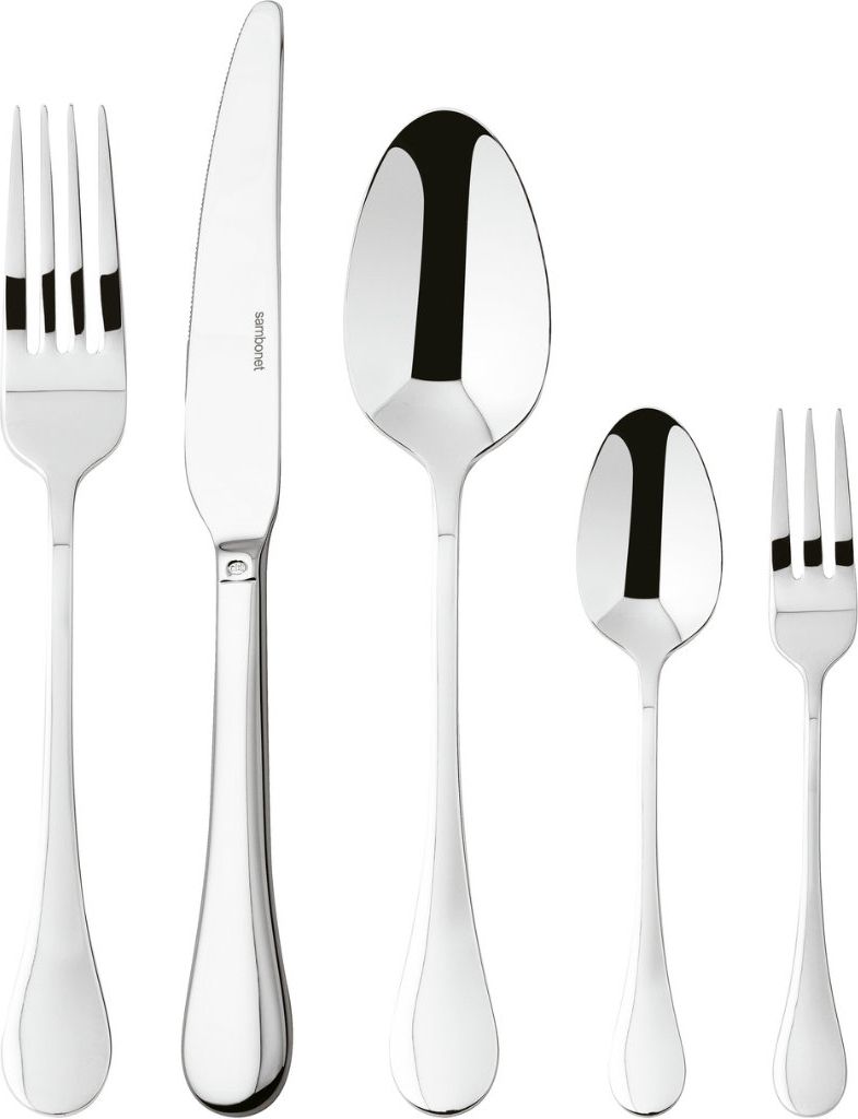 A set of five stainless steel cutlery pieces arranged on a white background.