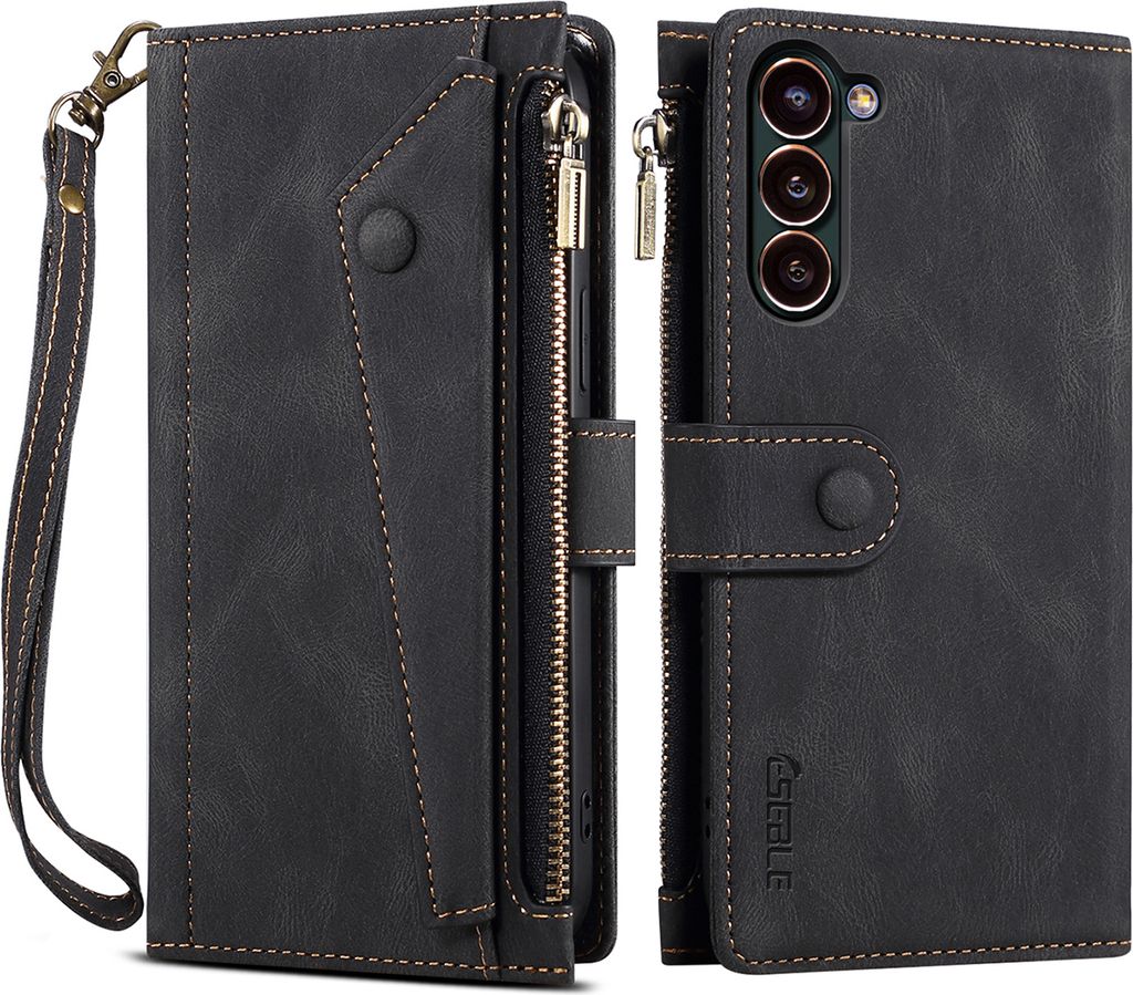 Schutzhülle für Samsung Galaxy S23+ Reißverschluss Hülle, Leder Klapphülle Kartenfach Standfunktion Brieftasche mit Trageband Schwarz