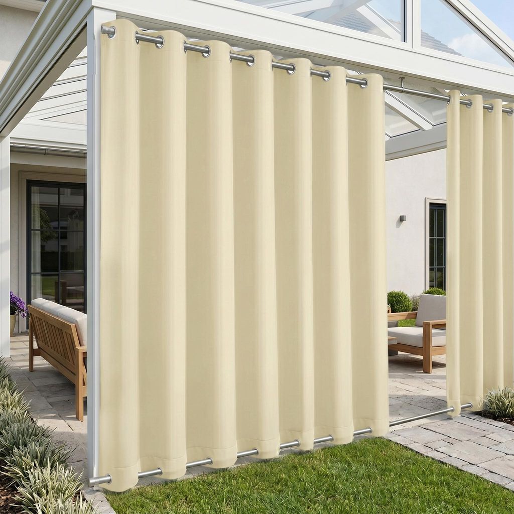 Vorhang Wasserdicht Sonnenschutz Gardine Wetterfest Verdunkelungsvorhang mit Ösen für Outdoor Terrasse Balkon Pergola, 254x274cm, Beige