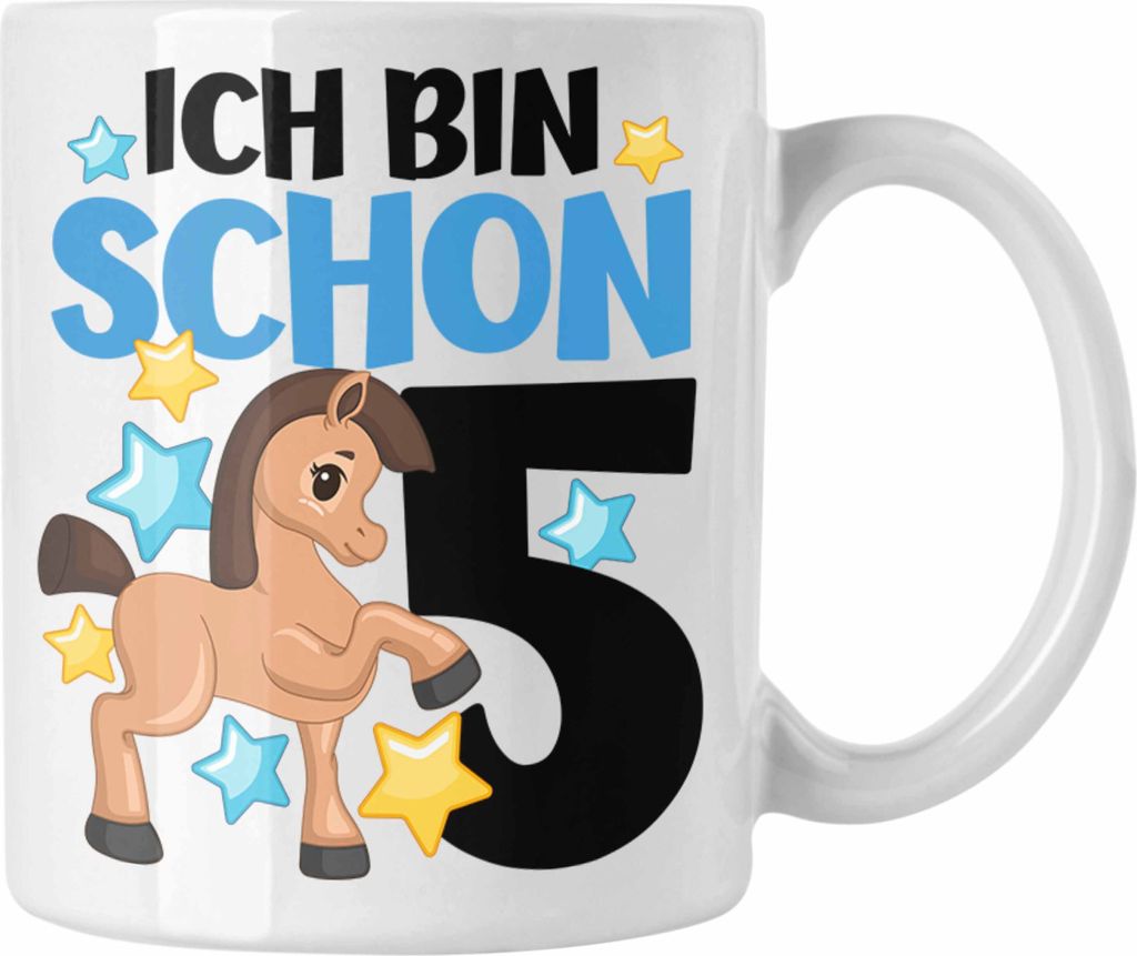 Trendation - 5. Geburtstag Mädchen Tasse Pferde Reiterin 5er Geburtstag Tochter Geschenkidee Kindergeburtstag 5 Jahre Alt (Weiß)