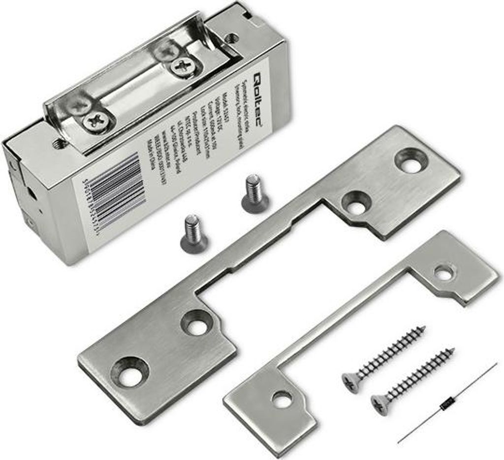 A product shot of an electric door lock and its mounting accessories on a white background.