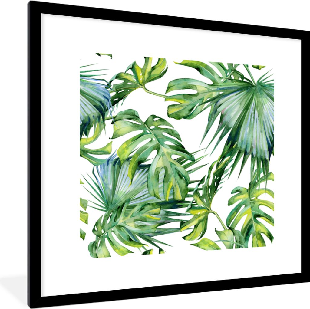 MuchoWow MuchoWow Gerahmtes Poster Monstera - Muster - Aquarell - Mädchen - Kinder - Jungen - Kinder 40x40 cm - Poster mit zchwarzem Bilderrah...