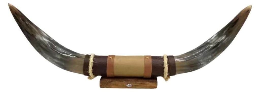 Bullenhorn Wandobjekt Modell 4 - Naturhorn Einzelstück mit Leder & Holzhalterung -