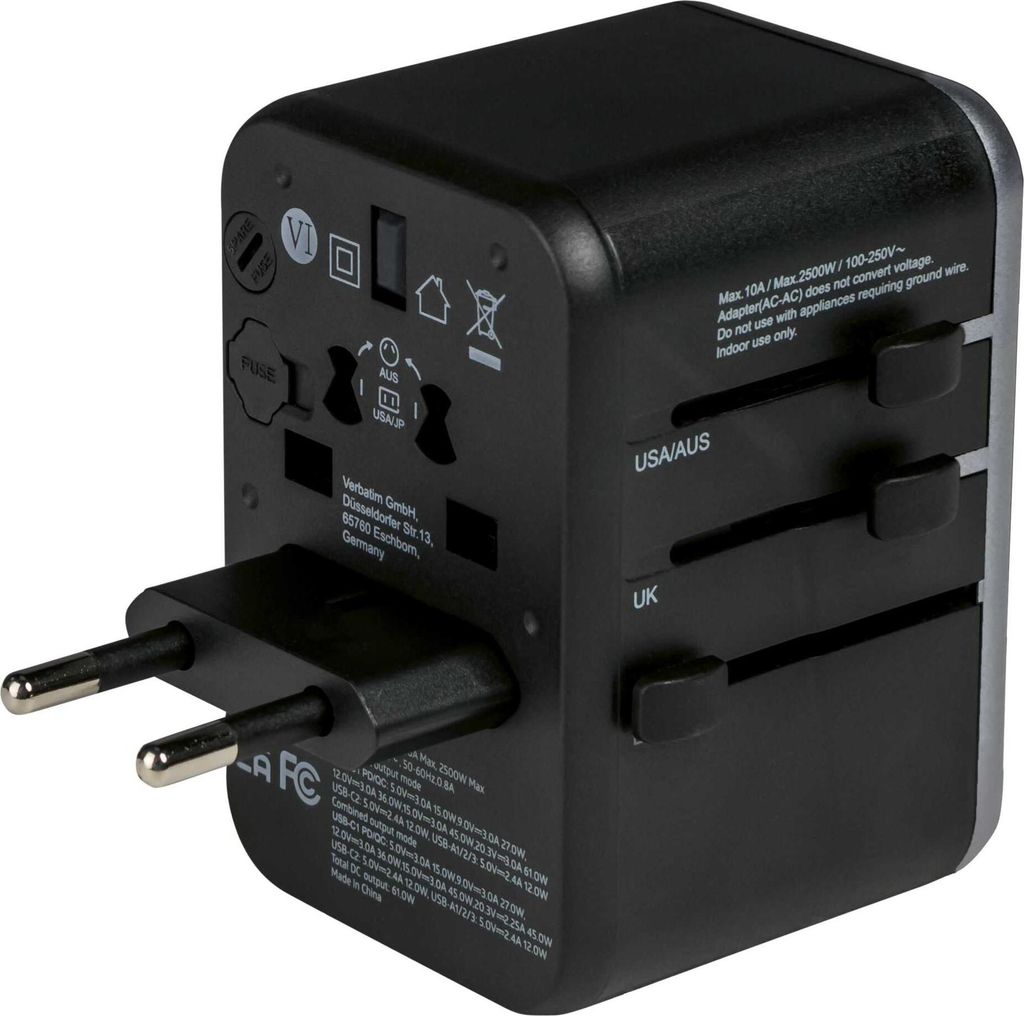 Verbatim Universal-Reiseadapter mit USB-C PD und QC, USB-C- und 3 USB-A