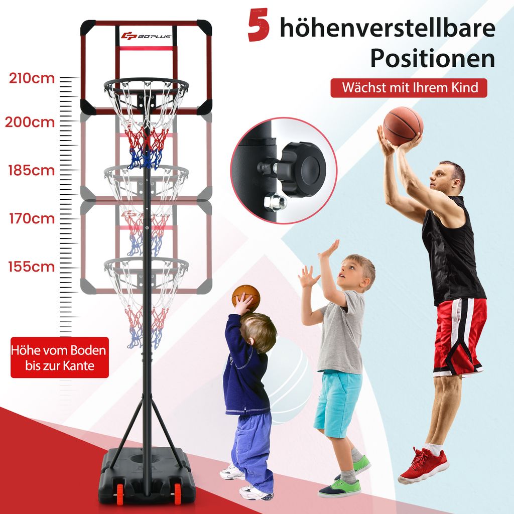 GOPLUS Basketballkorb Outdoor, Basketballständer tragbar mit Rollen, 155-210 cm höhenverstellbar, Basketball Korb befüllbar mit Wasser/Sand