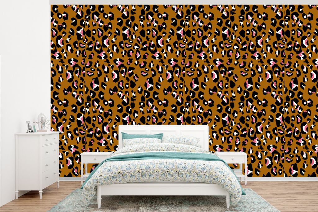 MuchoWow Fototapete für Wohnzimmer oder Schlafzimmer Wandtapete Vinyl Motivtapete Panther - Design - Rosa - Braun - Muster - 375x240 cm - Wand T...