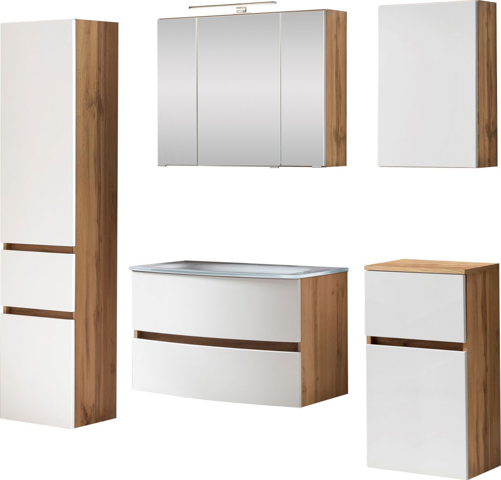 Waschtisch-Set Badezimmer Bad-Set "Kopenhagen XIII" Wotaneiche, Matt Weiß
