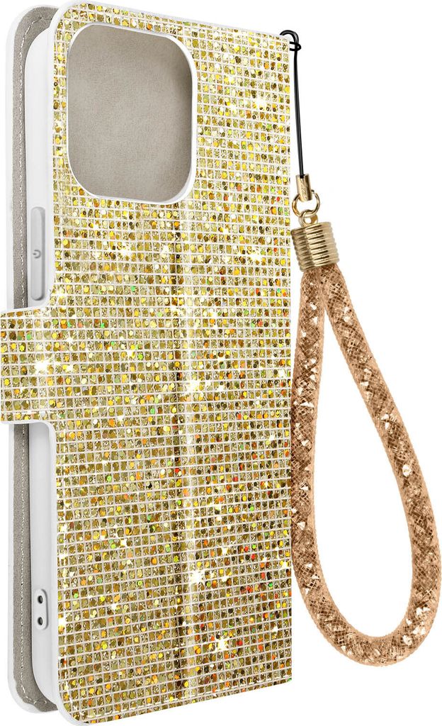 Avizar, Glitzer Disco Wallet Cover mit Standfunktion für Apple iPhone 14 Pro Max, Gold