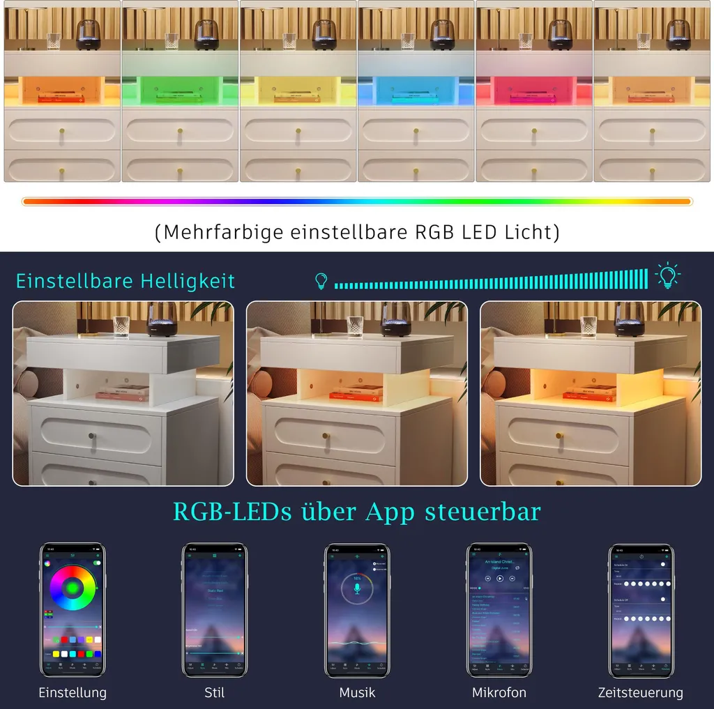 Table de Nuit Blanche à LED avec 2 Tiroirs - Meuble de Chambre Adulte Chic