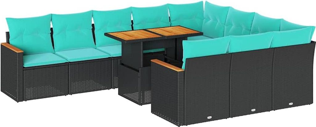 11-tlg. Garten-Sofagarnitur mit Kissen Schwarz Poly Rattan