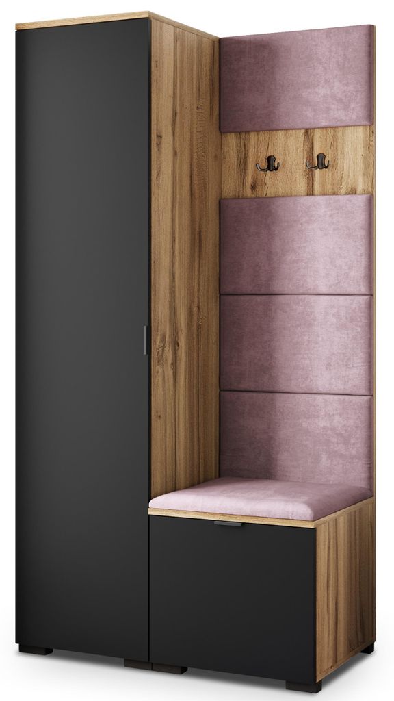 Masseno Garderobe-Set LORI 95/181/51 cm Modern Garderobenschrank Eiche Wotan, Veloursstoff MONOLITH 62 (Lila)