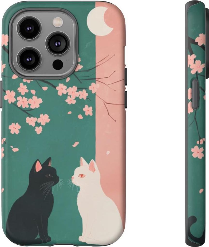 Schwarze und weiße Katzen mit Kirschblüten – Handyhülle Kompatibel mit iPhone 14 Pro