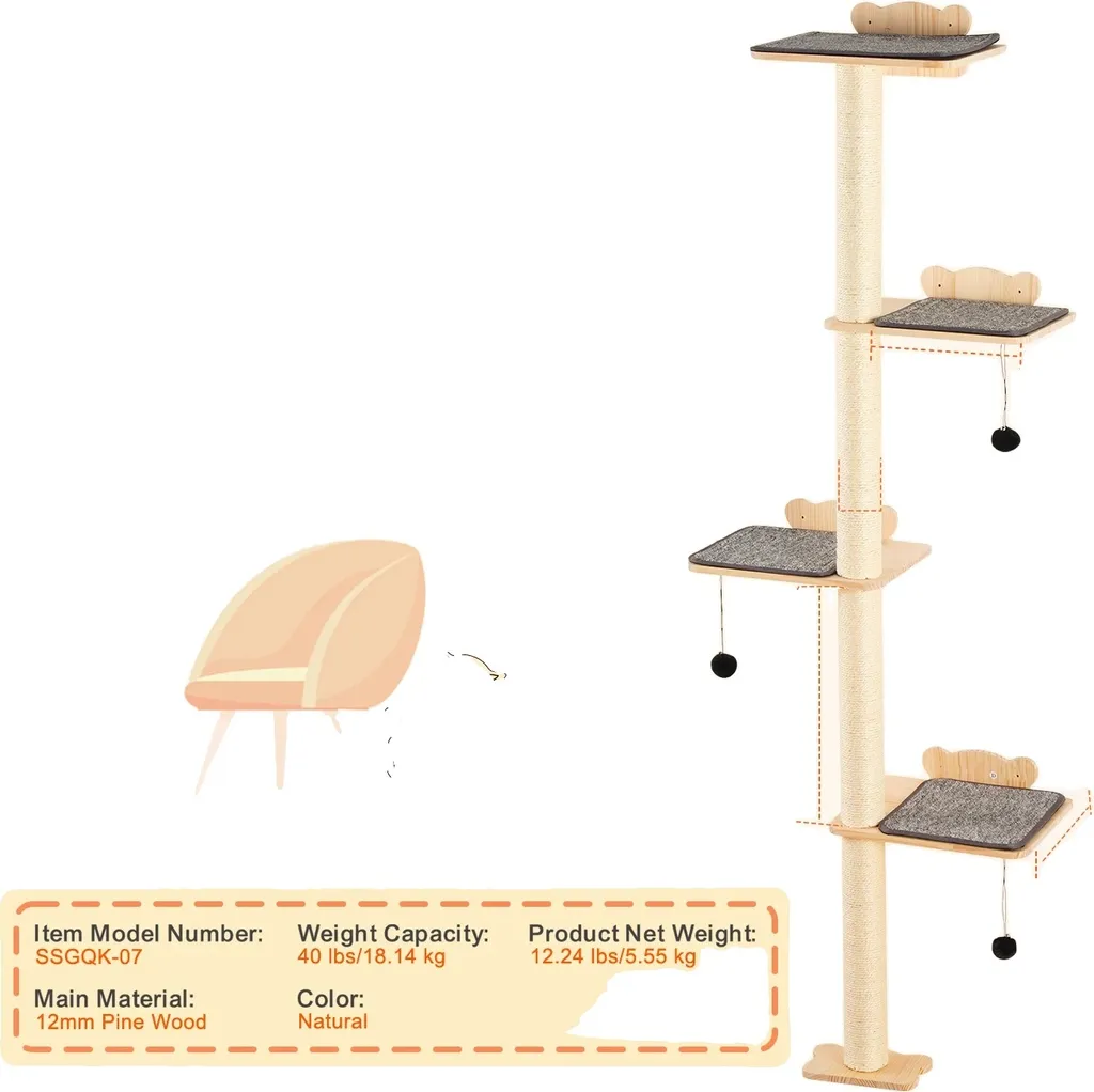 Arbre à chat à 4 niveaux en bois de pin robuste - Design haute qualité