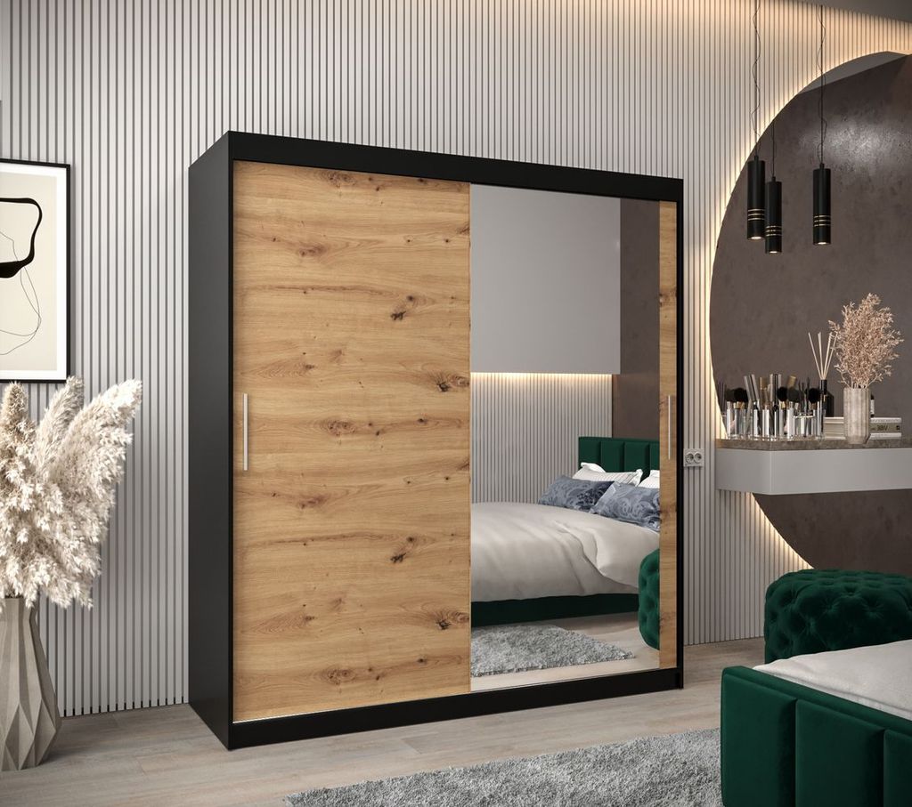Schwebetürenschrank mit einer Breite von 180 cm TIMEA 2 – Schwarz / Eiche Artisan