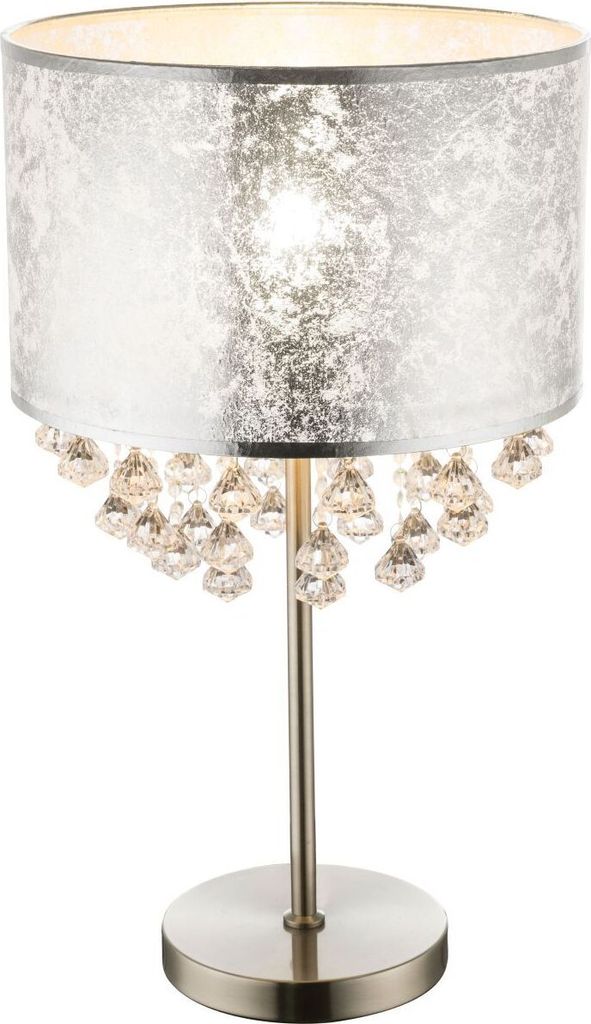 Globo Lighting Tischleuchte Metall Nickel matt, Textil blattsilber, Acrylkristalle klar, Wippschalter am Kabel, ø: 320mm, H: 560mm, Kabellänge 1500mm, exkl. 1x E27 60W 230V