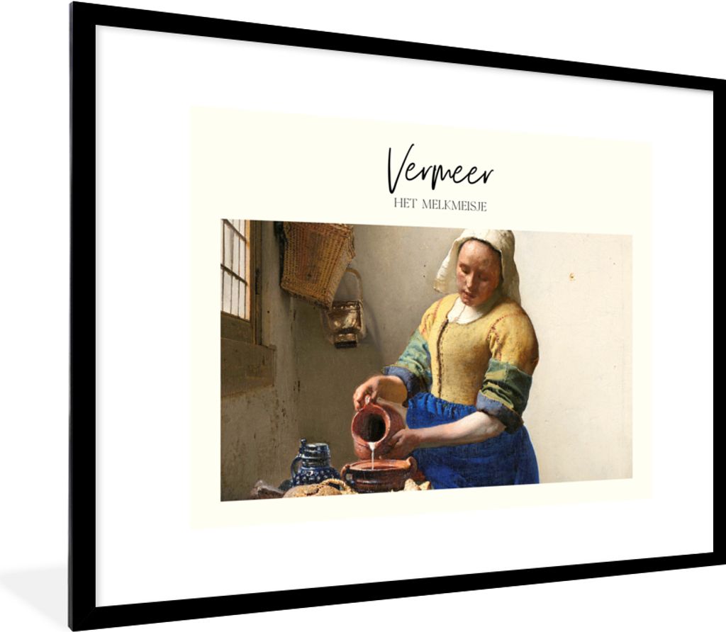 MuchoWow Gerahmtes Poster Milchmädchen - Vermeer - Alte Meister 80x60 cm - Poster mit Schwarzem Bilderrahmen Wandposter Rahmen Foto Bilder - Sch...