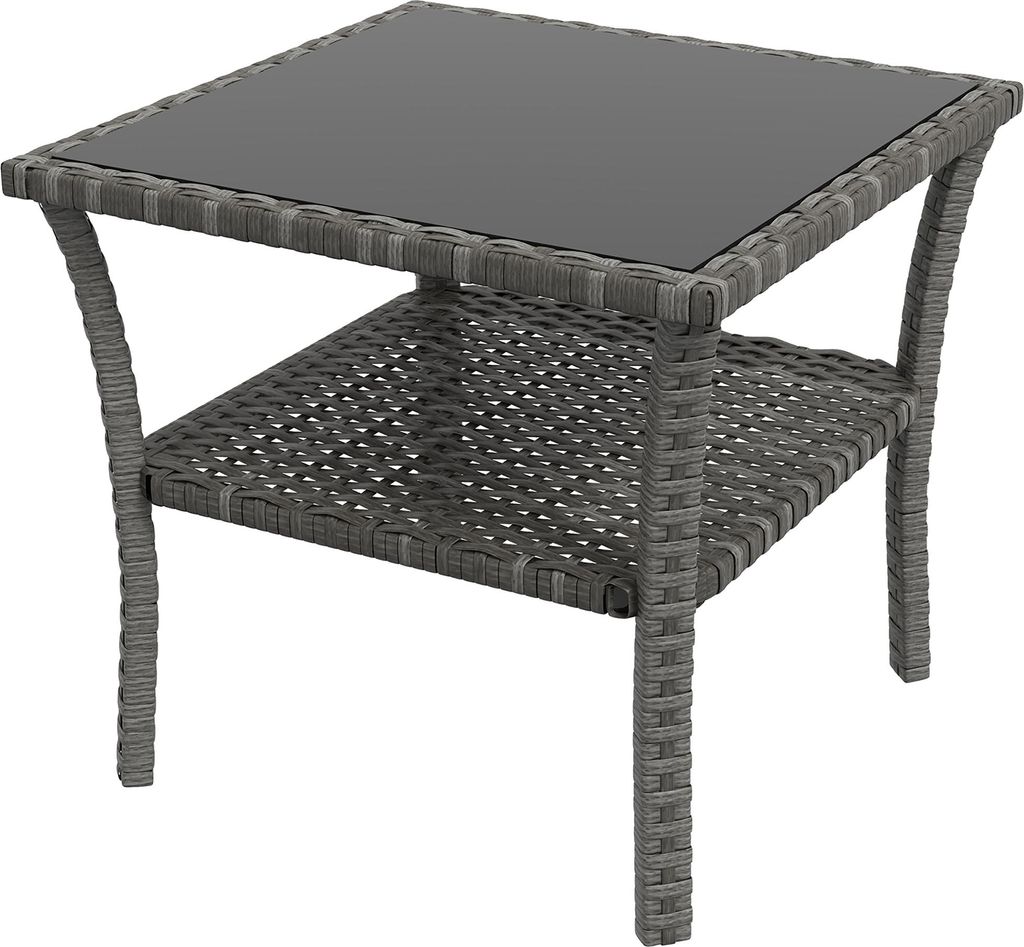 Polyrattan Gartentisch, 50 x 50 x 45cm, wetterfest Beistelltisch für 4 Personen, Quadratisch mit Ablage Glasplatte