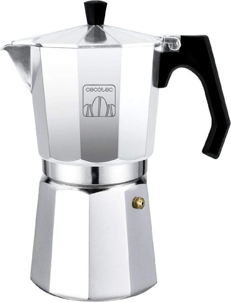 A studio shot of a moka pot coffee maker.