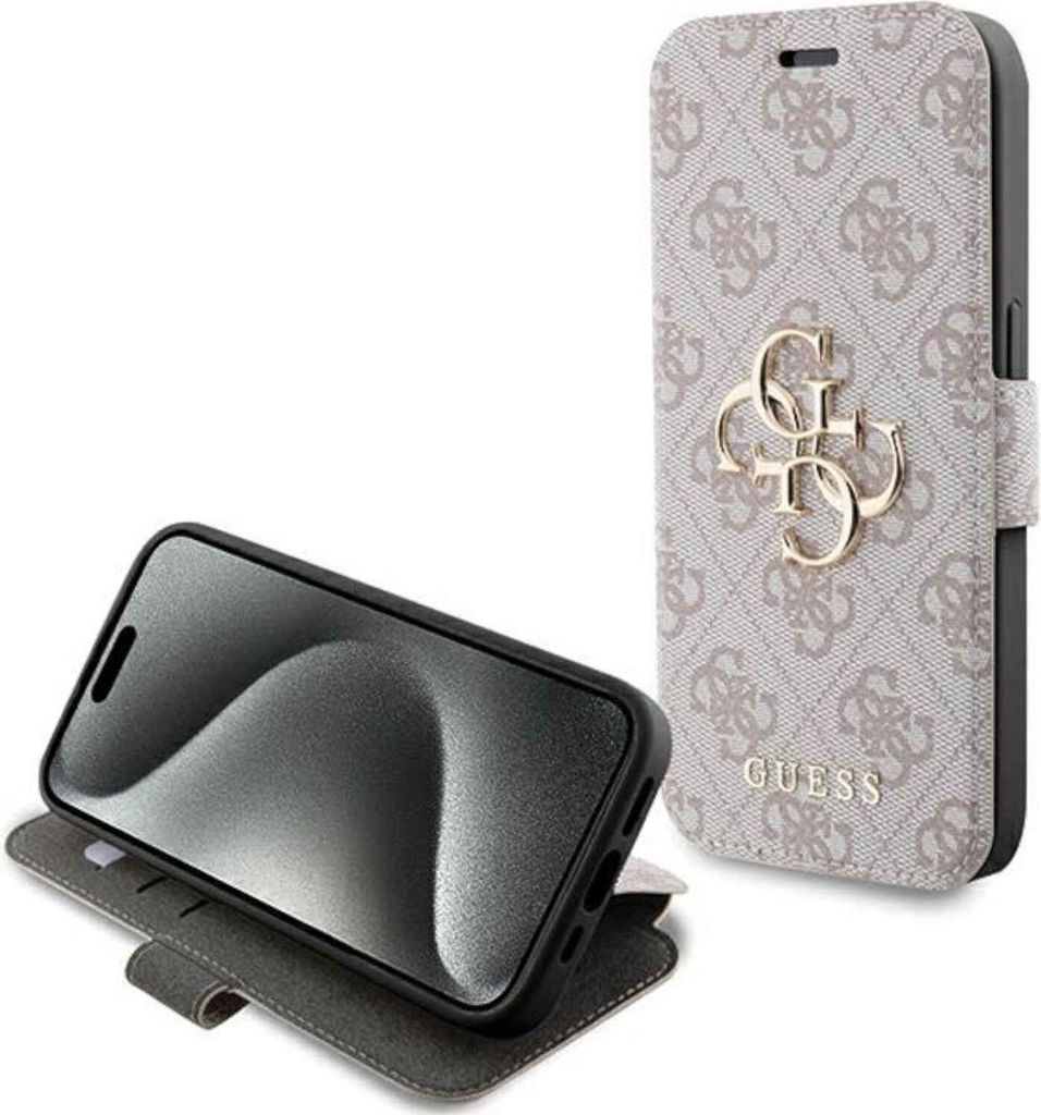 Guess PolyurethanLeather 4G Metal Logo Book Case für iPhone 15 Pro Pink