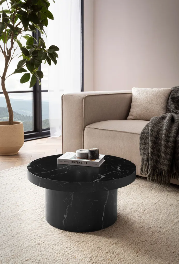 Table Basse Effet Marbre Noir 60cm Structure Champignon Design Unique