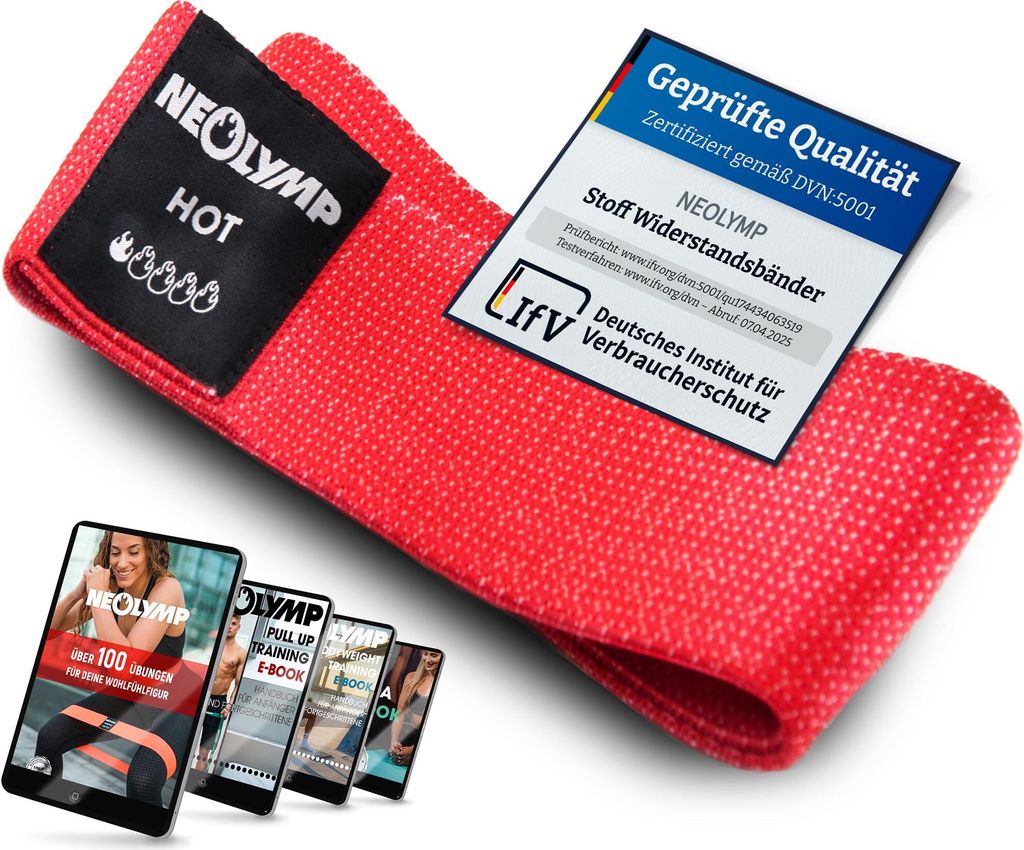 NEOLYMP Kurze Fitnessbänder Stoff mit Fitness Traningsprogramm E-Book - waschbare Resistance Bands, Widerstandsbänder, Gymnastikband, Fitnessband...