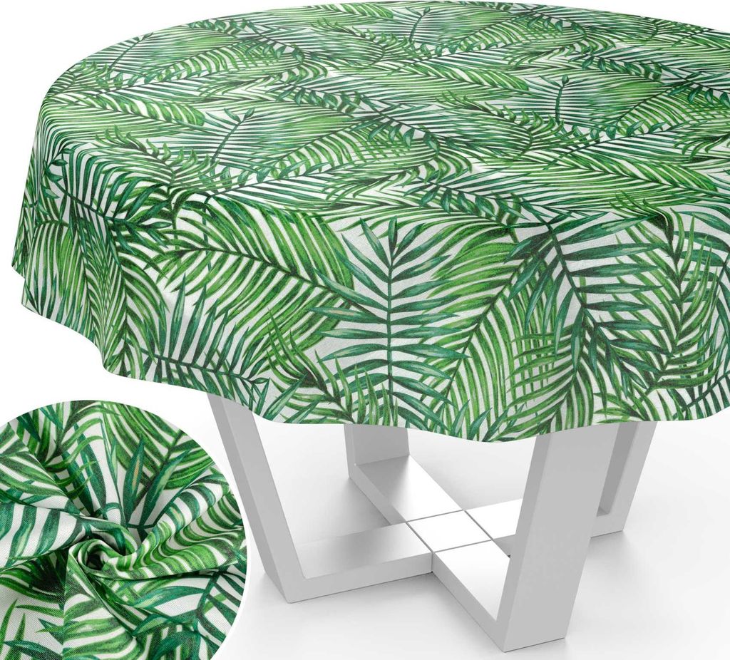 Tischdecke Tropik aus Textil mit Blumen Pflanzen wasserabweisend Tischtuch Tischwäsche Aquarell Grün Rund 120cm mit Schnittkante