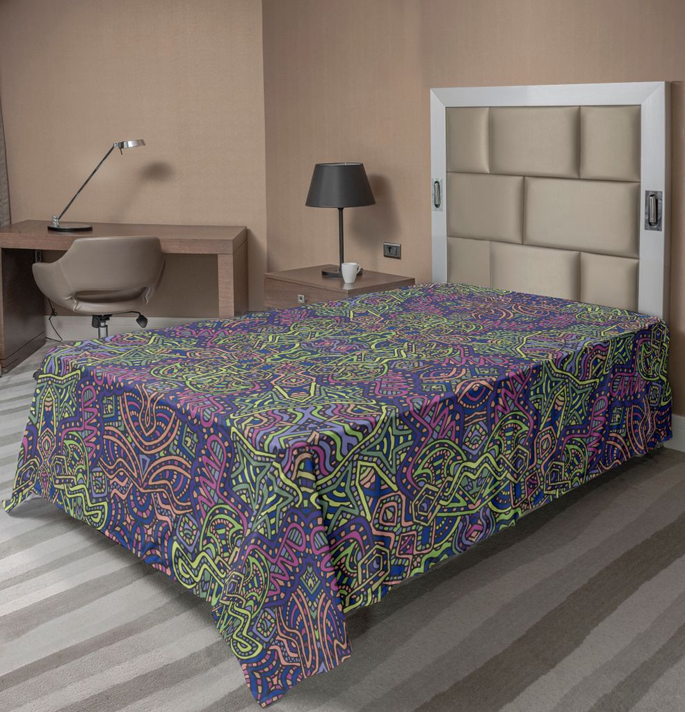 ABAKUHAUS Psychedelisch Bettlaken, Fraktal Muster Der 90Er Jahre Stil Tribal Theman Moderne Mandala Hippie Druck, weiches bequemes oberes Bettlaken...